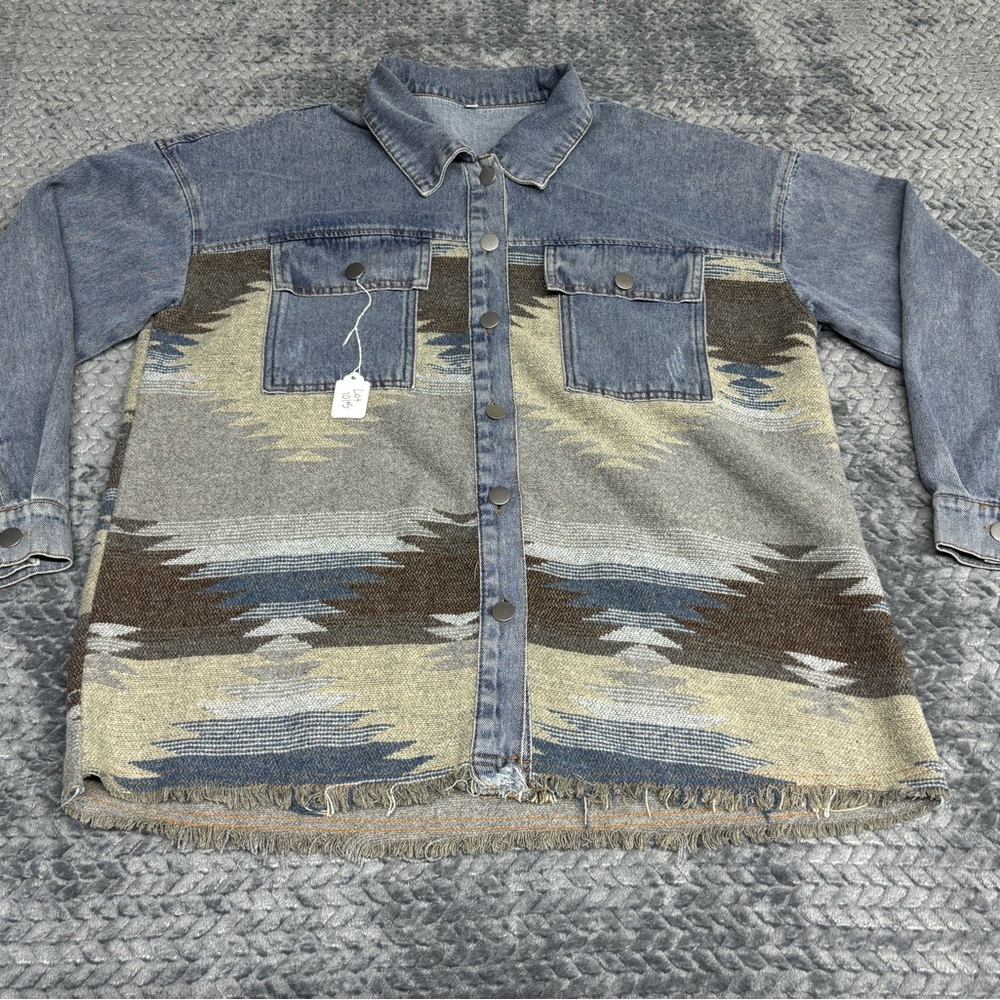 Women’s Denim Patchwork Jacket With Aztec Knit Pa… - image 1